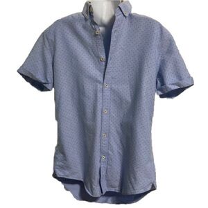 ZARA MAN Slim Fit Button Front Oxford Blue Polka Dot Short Sleeve Shirt Large